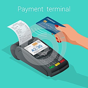 Isometric Pos terminal confirms the payment by debit credit card photo