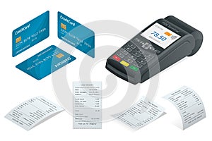 Isometric POS Terminal, debit credit card, Sales printed receipt.