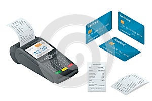 Isometric POS Terminal, debit credit card, Sales printed receipt.