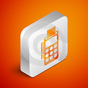 Isometric POS terminal with inserted credit card and printed reciept icon isolated on orange background. NFC payment