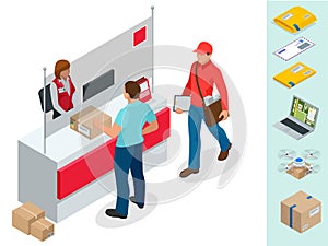 Isometric Post Office concept. Young man waiting for a parcel in a post office. Correspondence isolated vector photo