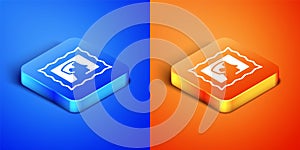 Isometric Postal stamp icon isolated on blue and orange background. Square button. Vector