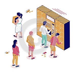 Isometric postal terminal, people standing in line to automated locker, flat vector illustration.