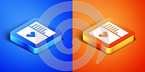 Isometric Postcard with heart icon isolated on blue and orange background. Message love. Letter love and romance. Square