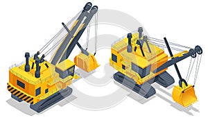 Isometric power shovel is a bucket-equipped machine, usually electrically powered, used for digging and loading earth or