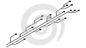 Isometric printed circuit board PCB tracks isolated on white background. Technical clipart with lines and dots at the ends. Design