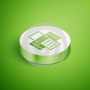 Isometric Printer icon isolated on green background. White circle button. Vector