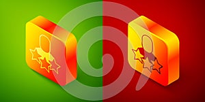 Isometric Productive human icon isolated on green and red background. Idea work, success, productivity, vision and