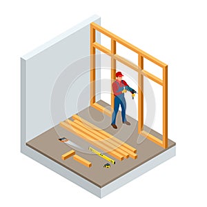 Isometric professional carpenters drilling wood. Construction building industry, new home, construction interior. Lumber