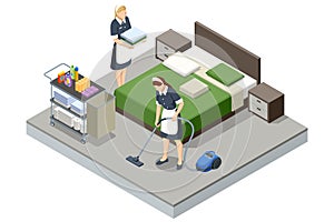 Isometric Professional chambermaids cleaning floor in hotel room. Chambermaid in uniform using vacuum cleaner while