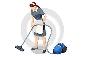 Isometric Professional chambermaids cleaning floor in hotel room. Chambermaid in uniform using vacuum cleaner while