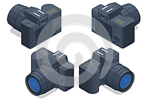 Isometric professional DSLR photo camera, Digital camera. Media technology and photography concept