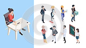 Isometric professions. 3d people service workers business persons male female vector illustrations
