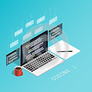 Programmer coding binary computer,programmer skill isometric vector