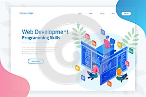 Isometric programmer coding new project. Web Development and Programming Skills for website. WEB Banner illustration