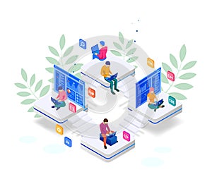 Isometric programmer coding new project. Web Development and Programming Skills for website. WEB Banner illustration