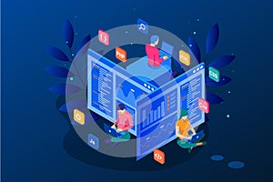Isometric programmer coding new project. Web Development and Programming Skills for website. WEB Banner illustration