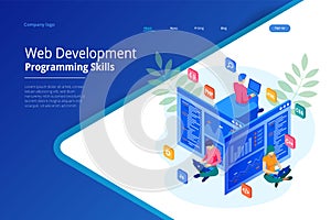 Isometric programmer coding new project. Web Development and Programming Skills for website. WEB Banner illustration