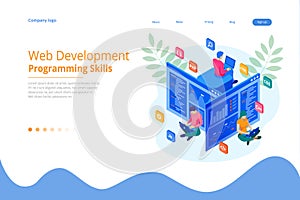 Isometric programmer coding new project. Web Development and Programming Skills for website. WEB Banner illustration