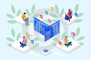 Isometric programmer coding new project. Web Development and Programming Skills for website. WEB Banner illustration