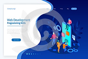 Isometric programmer coding new project. Web Development and Programming Skills for website. WEB Banner illustration