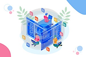 Isometric programmer coding new project. Web Development and Programming Skills for website. WEB Banner illustration