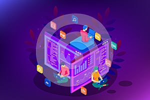 Isometric programmer coding new project. Web Development and Programming Skills for website. WEB Banner illustration