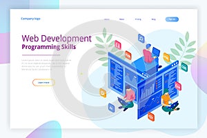 Isometric programmer coding new project. Web Development and Programming Skills for website. WEB Banner illustration