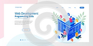 Isometric programmer coding new project. Web Development and Programming Skills for website. WEB Banner illustration
