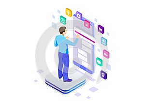 Isometric programmer working in a software develop company office. Developing programming and coding technologies