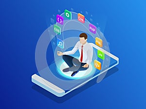 Isometric programmer working in a software development company office. Developing programming and coding technologies