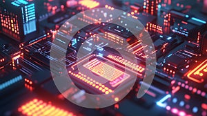 Abstract Futuristic Circuit Board Red Neon Glowing Technology Digital Background data blue light