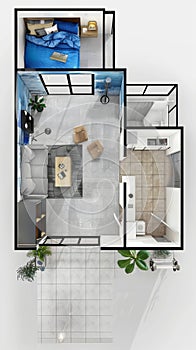 Isometric projection of a compact modern apartment showcasing an efficient use of space with a bedroom, living room, and