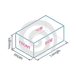 Isometric projection cuboid with dimensions and faces. Vector illustration photo