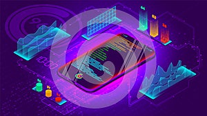 Isometric projection of a mobile phone with business graphs linked together. The concept of data analysis on electronic portable