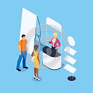 Isometric promotional stand with promoter.