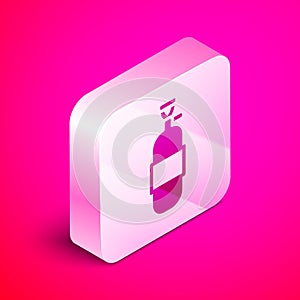 Isometric Propane gas tank icon isolated on pink background. Flammable gas tank icon. Silver square button. Vector