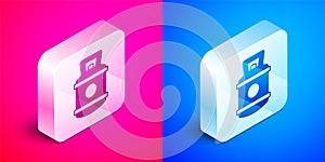 Isometric Propane gas tank icon isolated on pink and blue background. Flammable gas tank icon. Silver square button