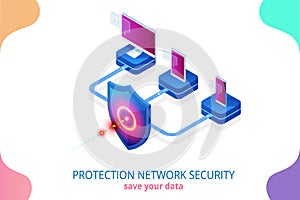 Isometric Protection network security and safe your data concept. Web page design templates Cybersecurity. Digital crime