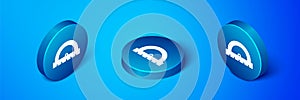 Isometric Protractor grid for measuring degrees icon isolated on blue background. Tilt angle meter. Measuring tool