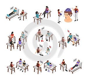 Isometric psychotherapy characters. People sitting in chair, lying on the couch and talking with professional