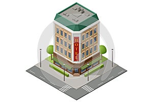 Isometric public hotel building exterior. Online booking service. Accommodation rent, travel planning. Room reservation.