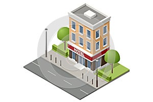 Isometric public hotel building exterior. Online booking service. Accommodation rent, travel planning. Room reservation.