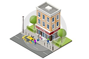 Isometric public hotel building exterior. Online booking service. Hotel entrance and taxi car. Accommodation rent