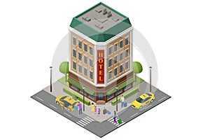 Isometric public hotel building exterior. Online booking service. Hotel entrance and taxi car. Accommodation rent