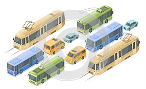 Isometric public and passenger transport vector illustration icons of modern buses, cars and tram or trolleybus