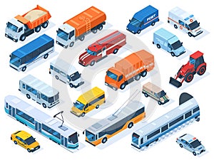 Isometric public services transport, taxi, ambulance and police car. Urban vehicles, fire engine, public bus