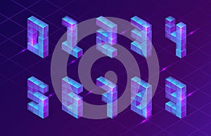 Isometric purple numbers made of 3d cubes, signs