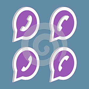 Isometric purple phone handset in speech bubble icon.