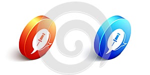 Isometric Push pin icon isolated on white background. Thumbtacks sign. Orange and blue circle button. Vector